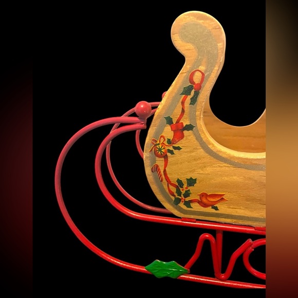 Wood Christmas Sleigh NOEL Teddy Bear Red Runners Holly Ribbons VTG Decoration - Picture 9 of 11